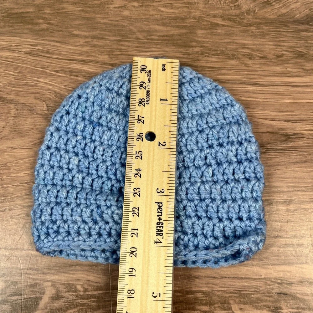 Handmade Beanie Set Baby Blue White Knit Crochet Winter Hats 3pk